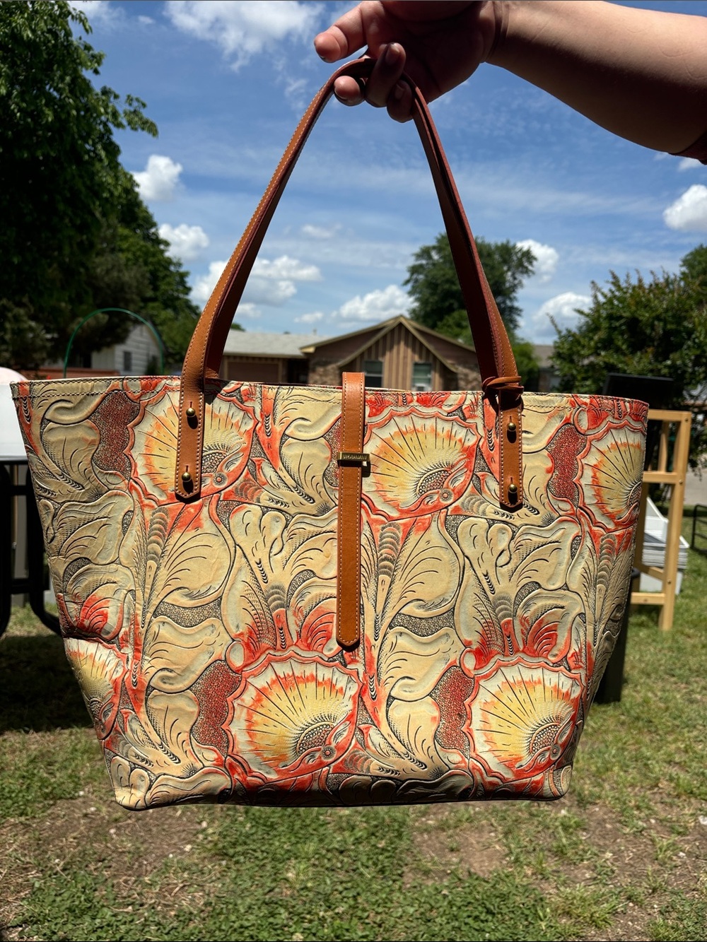 Brahmin Floral-Embossed Tote in Cream, Orange & Brown Trim